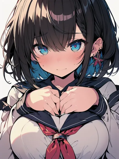 (best quality), (Super detailed), (Best Illustration), (masterpiece), (woman), hands on own chest, {(white serafuku:1.2)}, (large breasts:1.2), {brown hair, (sideburns), (bob cut:1.3), curly hair, hairs between eyes, colored inner hair}, {(detailed eyes), ...