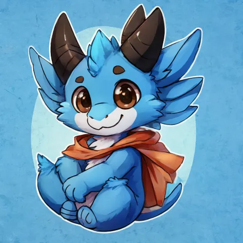 a cute, anthropomorphic blue dragon, hes happy, brown eyes, black two horns, closed smile, chibi style, high quality furry art.