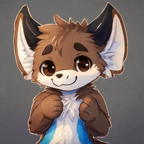 a cute, anthropomorphic blue dragon, hes happy, brown eyes, black two horns, closed smile, chibi style, high quality furry art.