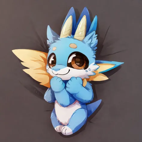 a cute, anthropomorphic blue dragon, he's happy, brown eyes, black two horns, closed smile, chibi style, high quality furry art.