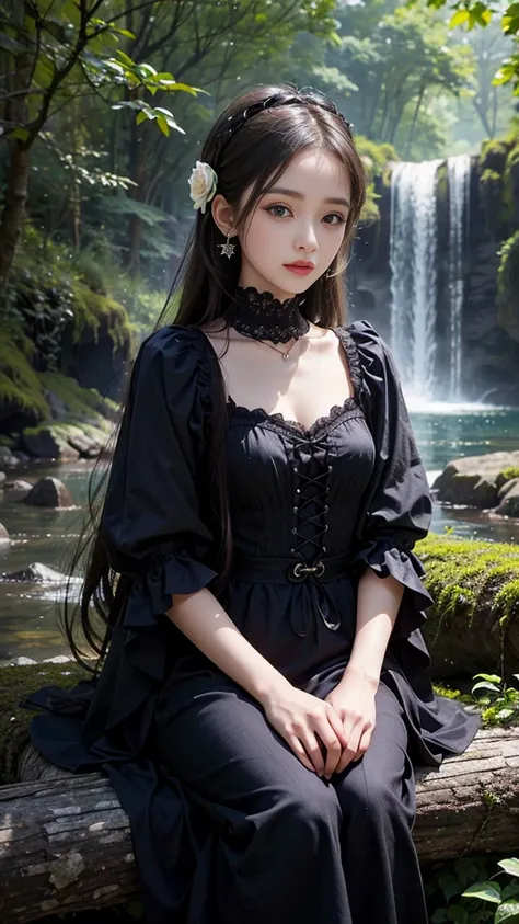 The banks of a large waterfall、Lolita Fashion、pretty girl、16-year-old girl、Sitting on a thick branch、I see a small star、Flowers around、Deep in the forest、Perfect lighting、Sharp focus、High resolution、High resolution、High color rendering、High resolution、Ultr...