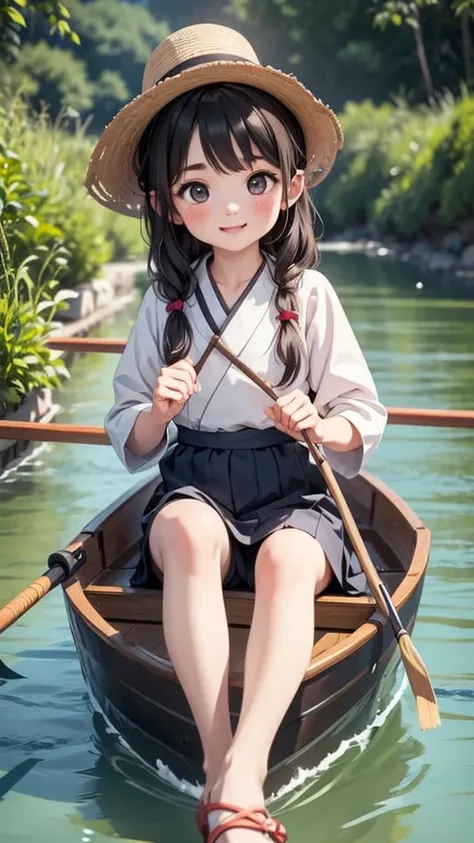 An image of a female boatman in her 20s sitting on a small wooden boat carrying people and rowing on the Nakdong River in Korea.