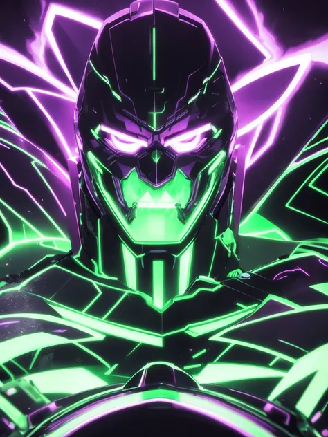  Man face with purple neon lights on a dark background and with a neon green lethal drearm with a determined expression 