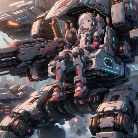 (masterpiece:1.2), best quality, high resolution, extremely detailed CG, absurdres, highres, Sci-fi world where a girl in bodysuit sits inside a machine with giant robot arms and legs on a battlefield, and the girl holds the lever of the machine,Colorful p...