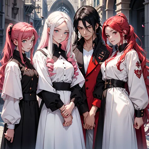 White long-haired man、White shirt、uniform、School Background、Next to me is a black-haired male vampire、The girl next to me with the pink ponytail、The girl next to me has wavy red hair、foursome、Group photo、Medieval Europe