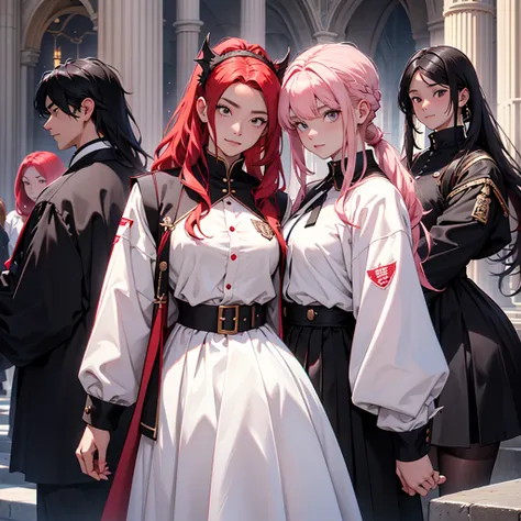 White long-haired man、White shirt、uniform、School Background、Next to me is a black-haired male vampire、The girl next to me with the pink ponytail、The girl next to me has wavy red hair、foursome、Group photo、Medieval Europe