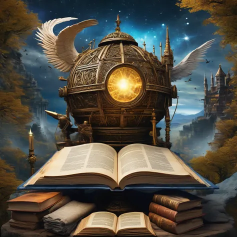 "Create a stunning cover for a history channel that blends the enchantment of ancient legends with the excitement of historical exploration. Imagine a vast, ancient library with towering shelves filled with glowing, magical books. In the center, a grand, o...