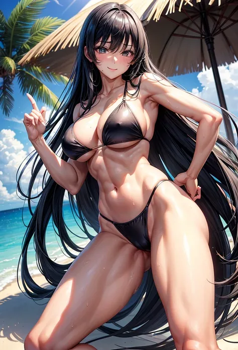 beautiful girl、Big Breasts、Black Hair、Long Straight、Great style、Nice body、Abdominal muscleuscular、Beautiful buttocks、Toned Legs、The whole body is visible、Sweaty skin、Sexy pose、gravure、gravureアイドル、Midsummer Sea、Black Bikini、A gentle smile、One girl