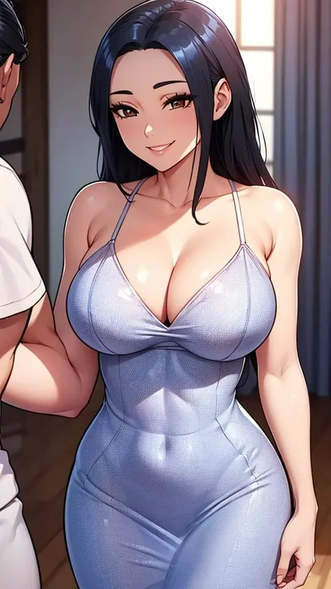 8K, high quality, animation, married woman, fair complexion, beautiful woman, small face, neat, bright, emphasis on eyes, sexy, super big tits, beautiful line drawing. Black hair, white skin, brown eyes, smiling, breast up, ((big tits)), black dress,