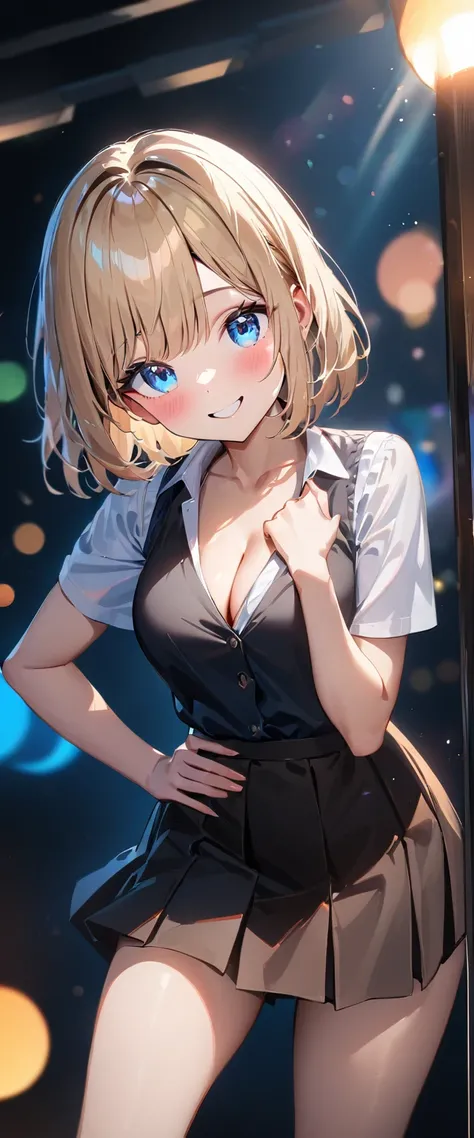 (((One girl))), blond hair, bob cut, (cowboy shot), (looking at viewer), face in focus, breasts, teenager, head tilt:1.3, (((blue eye))), ((happy smile)), ((blush)), contrapposto, school summer uniform, white shirts, skirt, black waistcoat, ((cleavage)), a...