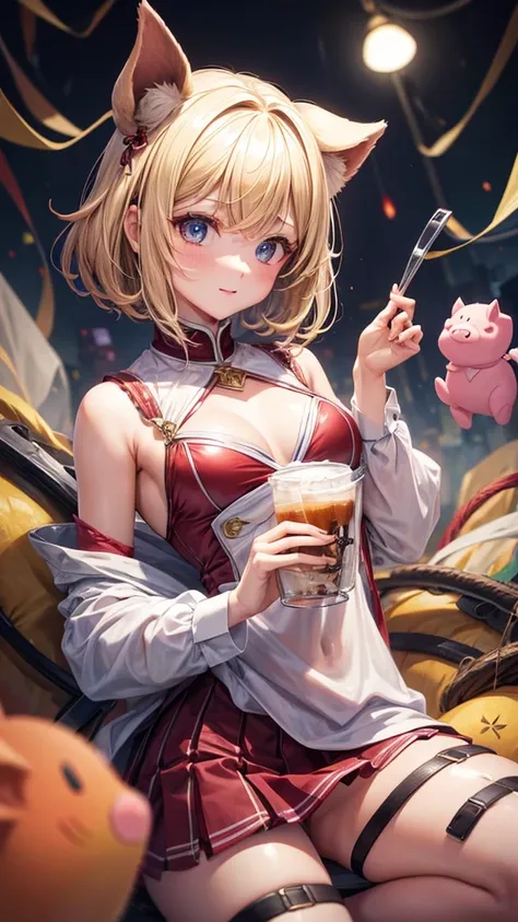 (masterpiece, highest quality, ultra high res, ultra detailed:1.3), 1 cute girl, ideal ratio body proportions, blonde short hair, pig costume, 