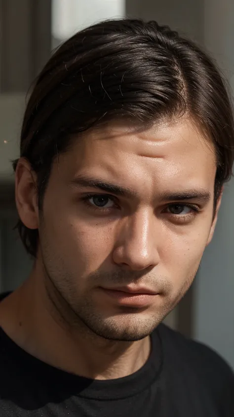 Man face, 30 years old, thinking face, detailed skins, detailed facial wrinkles, short hair, wearing black t-shirt, blurry background, 