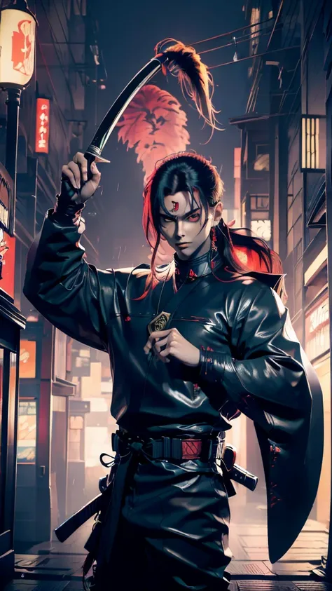 (masterpiece) finest quality, ultra-detailed, ultra-realistic, 20 year old men, piercing glace, cyberpunk outfit,red neon on the cyberpunk outfit, red eye color, futuristic tokyo background, night time, tokyo on fire, rainy weather, long hair, holding a ka...