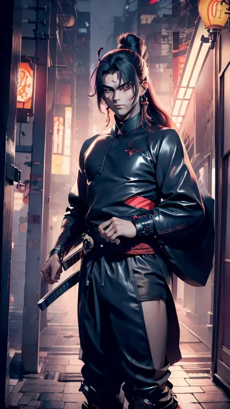 (masterpiece) finest quality, ultra-detailed, ultra-realistic, 20 year old men, piercing glace, cyberpunk outfit,red neon on the cyberpunk outfit, red eye color, futuristic tokyo background, night time, tokyo on fire, rainy weather, long hair, holding a ka...