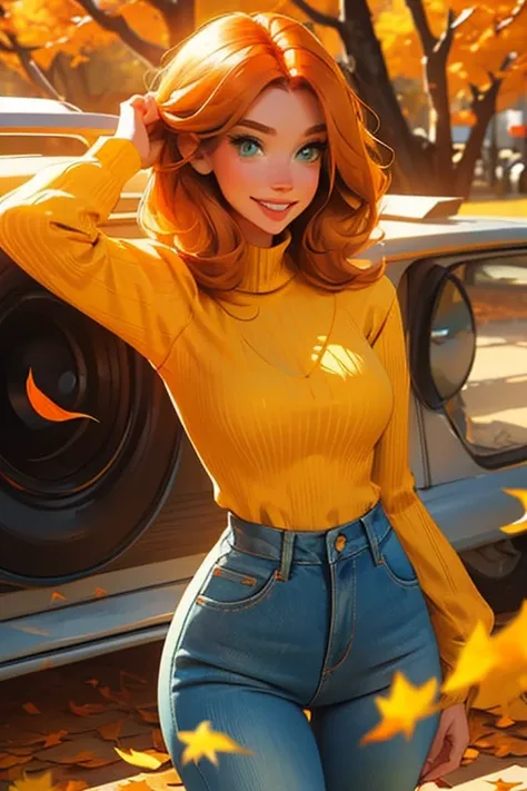 Perfect face, Perfect hands. An orange haired woman with green eyes and an hourglass figure in a yellow sweater and jeans is spinning in a flurry of autumn leaves with a big smile