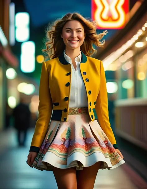 A smiling, authentic, (shy:1,3), kind, beautiful woman, is passionately in love with her skirt, wind wildly lifts her skirt, wearing uniform jacket and very, very detailed (long (fully pleated) full circle skirt) and (low heeled court shoes), very, very in...