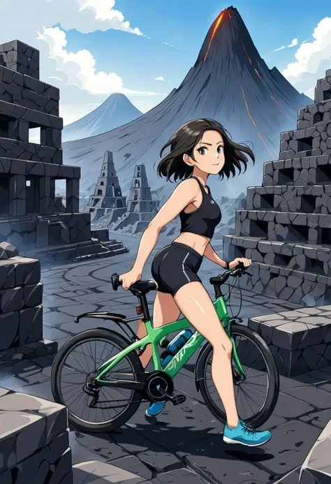 a girl rides a bicycle, in running shorts, short shorts, A Complex stone structures in a volcanic city