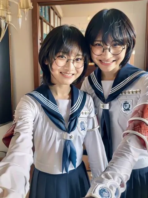 Suzuka in a sailor suit and a man in a suit with his bangs down, Couple, Two-shot selfie