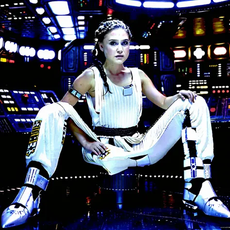 Beautiful Photo of padme woman sitting in a star wars ship,looking at camera,white top and pants, braid ponytail,full body shot,depth of field, dramatic lighting shadow, high quality, solo, high quality