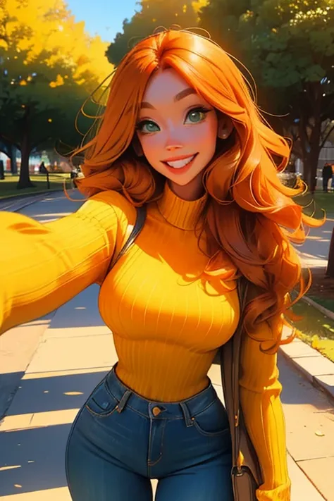 Perfect face, Perfect hands. An orange haired woman with green eyes and an hourglass figure in a yellow sweater and jeans is taking a selfie in the park with a big smile