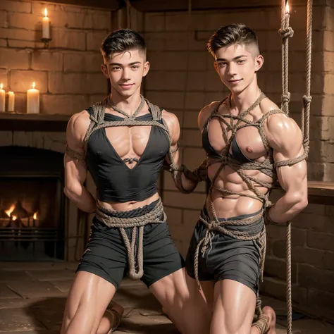  (((19 year old Boy, skinny, lean))), smiling (((wearing gym shorts))) biceps flexed, kneeling, ((((Trussed up completely with rope)))), ((((very tight rope crossed over chest)))),(((body in tight shibari ropes))) sweating, wet skin, in a dungeon with cand...