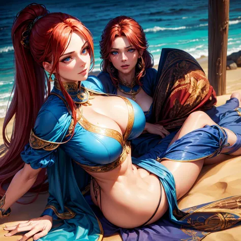 mature woman in his fifties, 1girl, redhead ponytail hair, breasts, blue eyes, happy face, sexy blue tunic, lying on the sand, beach, incredibly sexy body, detailed face, beautiful detailed eyes, beautiful detailed lips, extremely detailed eyes and face, l...