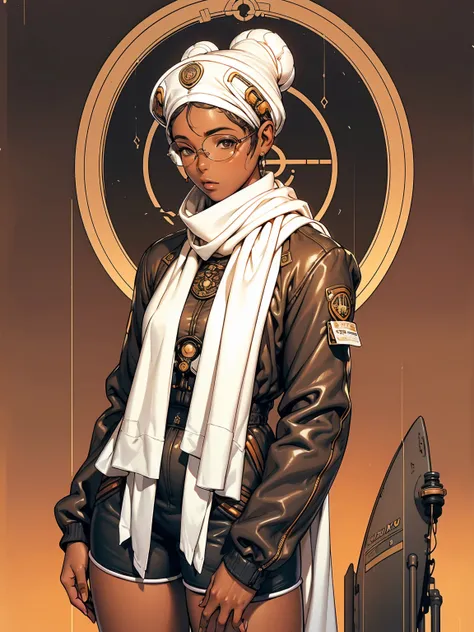 Beautiful African American woman in aviator jacket, (((fully body))), (((shorts curto))), (((afro girl))), (((coxas nuas))), (((DuneWalker))), white scarf and bomber aviator hat with glasses next to a plane, digitalpainting, Digital illustration, extreme d...