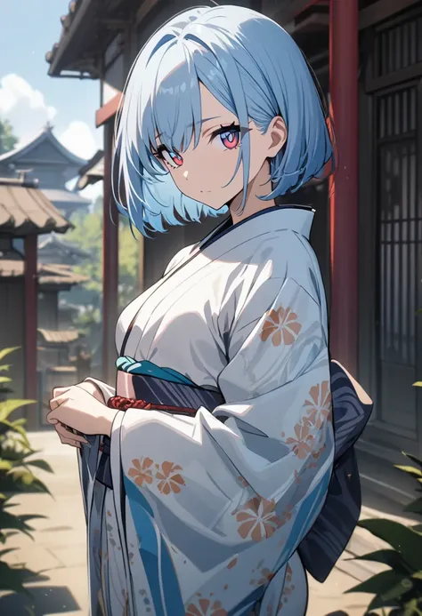 1 girl, masterpiece, best quality, fair skin, light blue hair, bob, blue eyes, red pupils, slit, kimono, anime