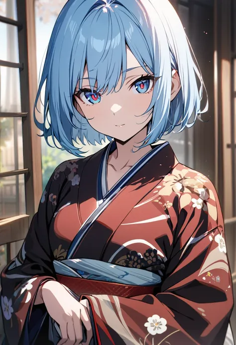 1 girl, masterpiece, best quality, fair skin, light blue hair, bob, blue eyes, red pupils, slit, kimono, anime