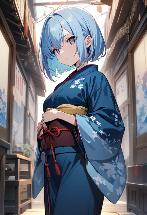 1 girl, masterpiece, best quality, fair skin, light blue hair, bob, blue eyes, red pupils, slit, kimono, anime