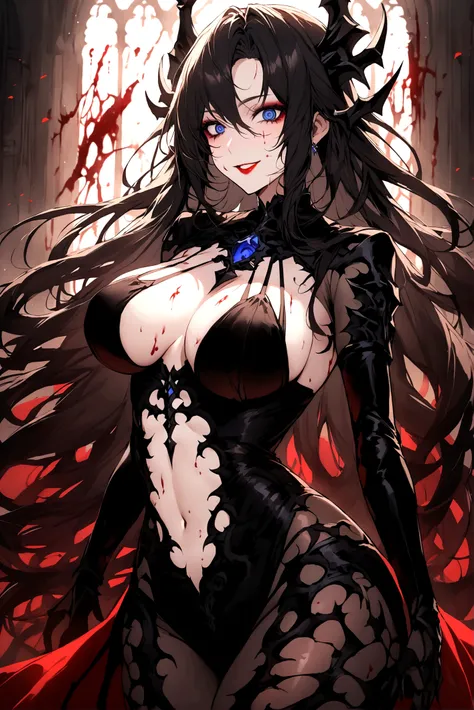 Create an image of a stunningly beautiful perfect  fantasy deathknight , Stunningly gorgeous beautiful perfect sexy face, perfect makeup, lipstick, curved eyebrows, long luscious eyelashes, black eyeliner, long luscious hair, smiling teeth showing, crazy e...