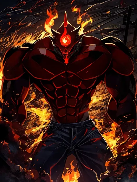 A demon, brown skin, white mask, white mask on fire, red symbol, defined body, purple energy, jeans, on a plot of land, night, construction area, steam
