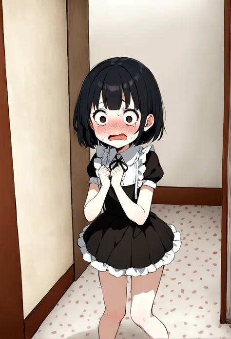 white underwear, long black hair, scared,loli