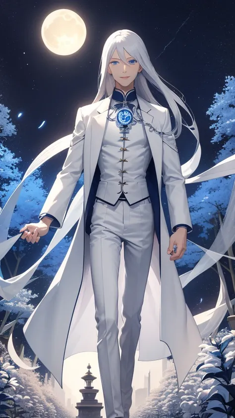 1 tall young man, silver hair, blue eyes, white skin, smile, long hair, floating in the air, short jacket, long trousers, white trousers, holding a lantern, Chinese lantern, night, moon, blue lights, blue lantern, demonic lantern