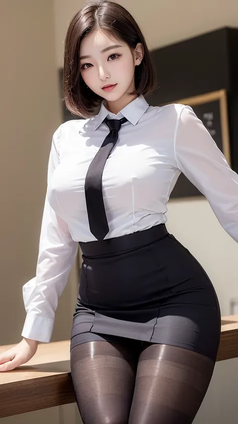 (((masterpiece))),(((High resolution)))、(((perfect face)))、(((Korean beauty)))、20 years old、(((beautiful face)))、(((business skirt, shirt))), big tits, Plump、((top quality eyes)), detailed texture, ((high resolution face)), erotic smile, short hair, (((tig...