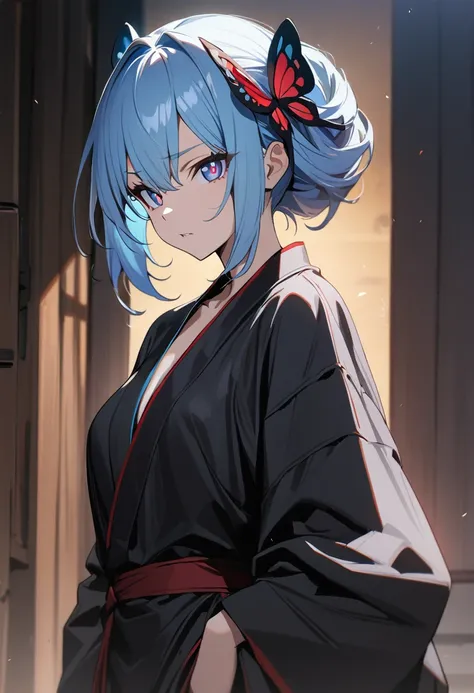 1 girl, masterpiece, best quality, fair skin, light blue hair, butterfly hair ornament, blue eyes, red pupils, slits, black kimono, anime