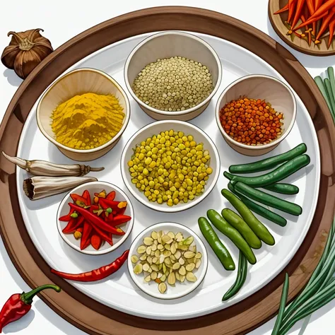 (masterpiece)), ((best quality:1.2)), ((watercolor)), ((vibrant color))), ((minimalist)), surrounded with ((negative space)), ((solid white background)), a wooden tray full of a lot of spices in many different type of container and small jar, cooking spice...