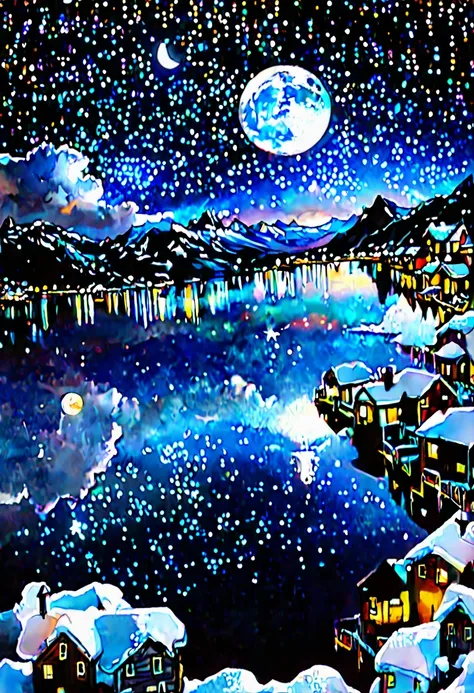 Night view，Wide sea，The city lights are bright in the distance，Reflection，moon，Snow-capped mountains in the distance，galaxy，Star，Sea of Clouds，Beautiful scenery，Ultra-fine image quality，Photography Masterpieces