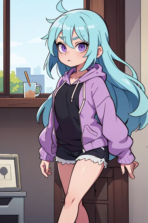 girl with pale blue hair and light purple eyes in a black hoodie and shorts