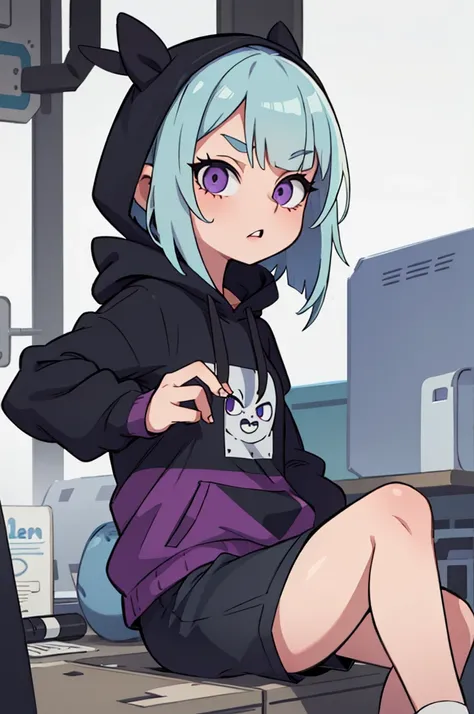 girl with pale blue hair and light purple eyes in a black hoodie and shorts