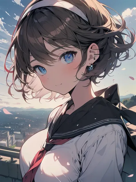 (best quality), (Super detailed), (Best Illustration), (masterpiece), (woman), upper body, (white serafuku), (large breasts), {(detailed eyes), blue eyes}, {brown hair, (sideburns), (bob cut:1.3), curly hair, hairs between eyes, colored inner hair}, blush,...