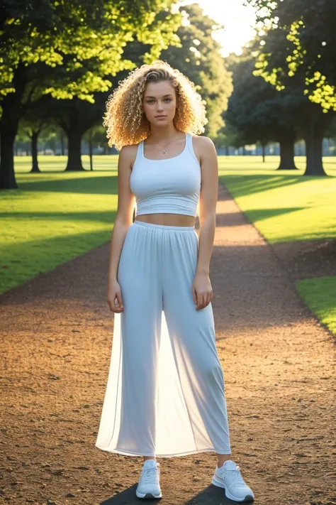 a photo portrait of a beautiful full whitegirl with curls and dark blue eyes ,big ass ,small sporty and round breast ,high definition, more sharp , ( medium blonde hair:1.10), She is wearing a casual, comfortable outfit suitable for a picnic in the park. T...