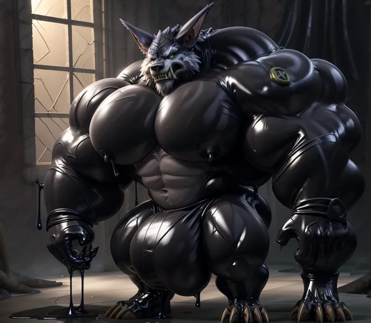 solo, male, , , ,  (hyper pecs:1.2), （long thick thighs:1.5）, standing, indoor,，(，,(,solo,very hyper muscles:1.3)((, Huge bulge：1.3))）（corruption)), black glowing liquid，（((liquid_latex, , rubber:1.2)，,black latex，goo transformation，(gooey)()(l），unreal eng...