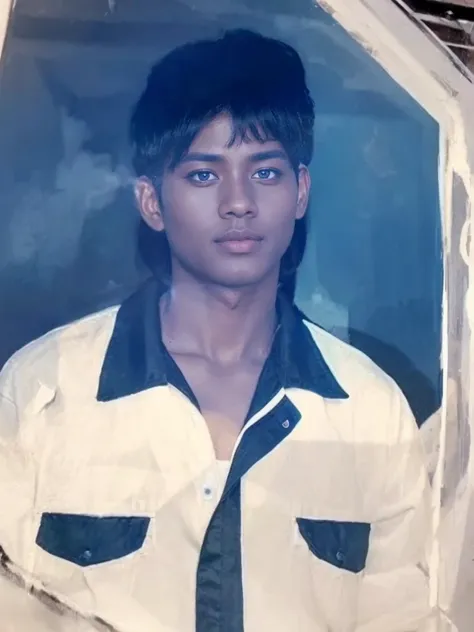 A man wearing white tone blue shirt, wearing black peci, black kopiah, brown skin, medium hair, potrait, realistic, hyper realistic, ultra details