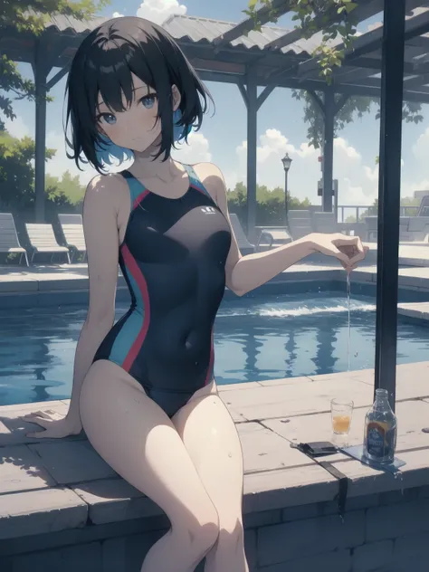 ultra-Top-quality by art God, ultra-detailed, high resolution, shinkai makoto style, anime moe artstyle, best anime 8k konachan wallpaper, pixiv contest winner, perfect anatomy, break,(Please draw a picture of a girl in a swimsuit sitting sleepily on a ben...