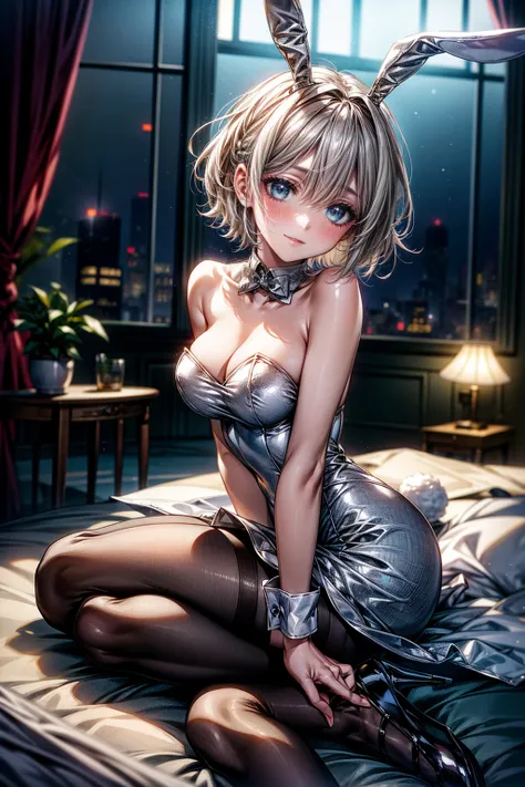 Highest quality、、(Bunny girl)、tights、High heels、Bunny Suit、Show Viewer、Angle from behind、W sitting、smile、Futuristic Living Room、indirect lighting、Room with houseplants、Illuminations of the city can be seen from the window、Night view、Silver short hair、Beaut...