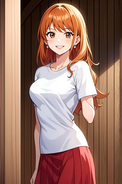 masterpiece, ((ultra detailed background, delicate pattern, intricate detail)), (highly detailed, fine details), best quality, beautiful lighting, ((medium breasts, slim girl)), NamiFinal, ((white shirt, red skirt)), simple shirt, 1girl, orange hair, solo,...