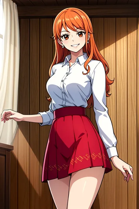 masterpiece, ((ultra detailed background, delicate pattern, intricate detail)), (highly detailed, fine details), best quality, beautiful lighting, ((medium breasts, slim girl)), NamiFinal, ((white shirt, red skirt)), simple shirt, 1girl, orange hair, solo,...