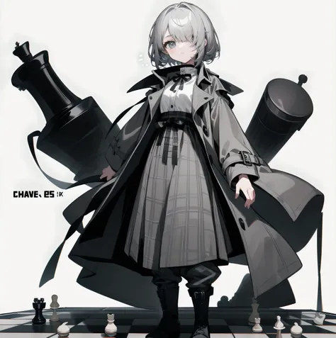 [(White background:1.15), ::2]solitary, Medium shot, whole body，High saturation girl，（Gray short hair），[White background 1::5]，Bangs cover one eye，（Standing on a giant chess board），地板铺have黑白菱形瓷砖，（（（White background1::5））），（（（beautiful eyes））），（（Facial depi...