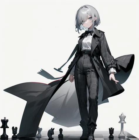 [(White background:1.15), ::2]solitary, Medium shot, whole body，High saturation girl，（Gray short hair），[White background 1::5]，Bangs cover one eye，（Standing on a giant chess board），地板铺have黑白菱形瓷砖，（（（White background1::5））），（（（beautiful eyes））），（（Facial depi...